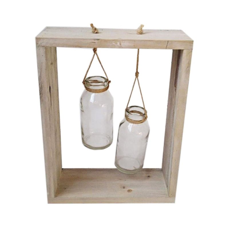 Cadre en bois bouteilles suspendues Cadre en bois bouteilles suspendues