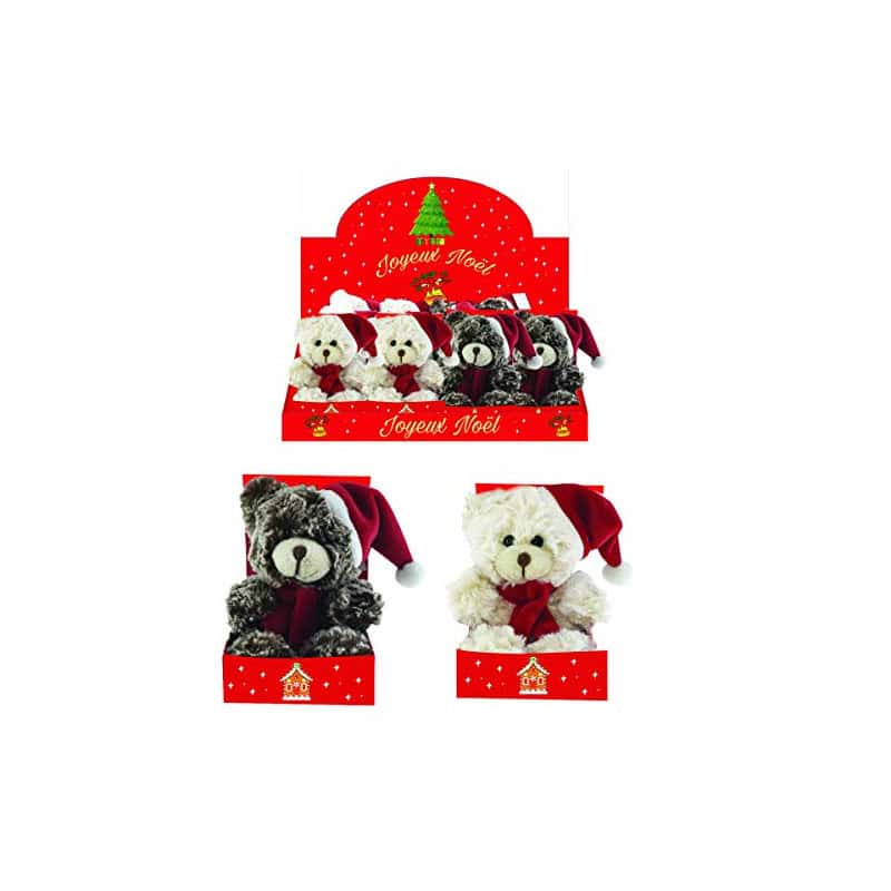 Ours bonnet et écharpe marron & écru Alban - H.15cm - grossiste noel Ours bonnet et écharpe marron & écru Alban - H.15cm - grossiste noel