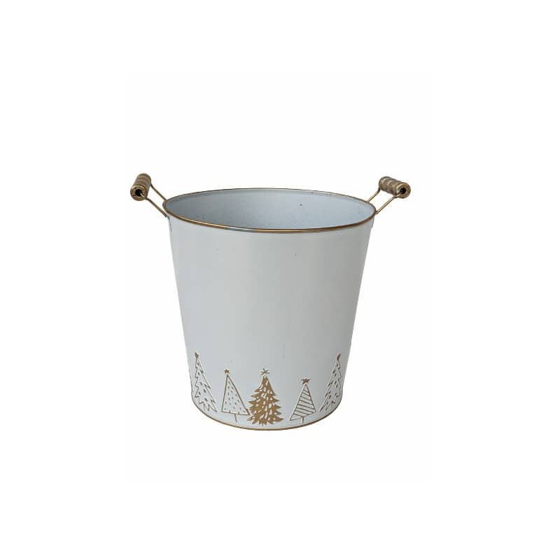 Cache-pot rond zinc anse bois - Grossiste déco tendance vitrine Noel