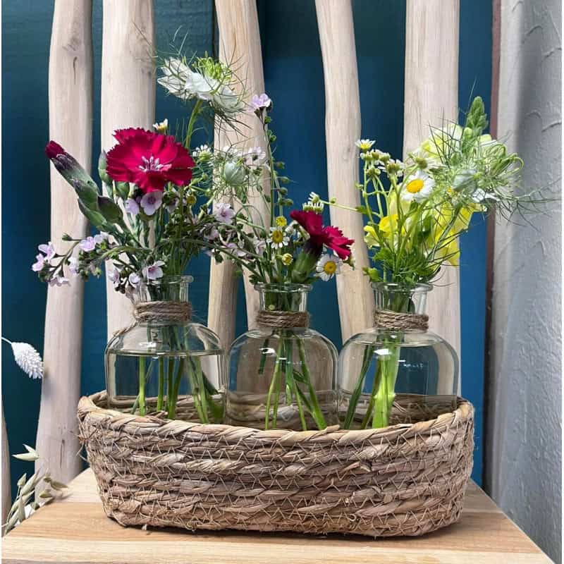Mini panier et 3 bouteilles en verre - Grossiste fleuriste déco rose