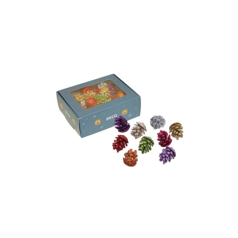 Boite de 45 pommes de pins multicolore éléments décoratifs noël grossiste