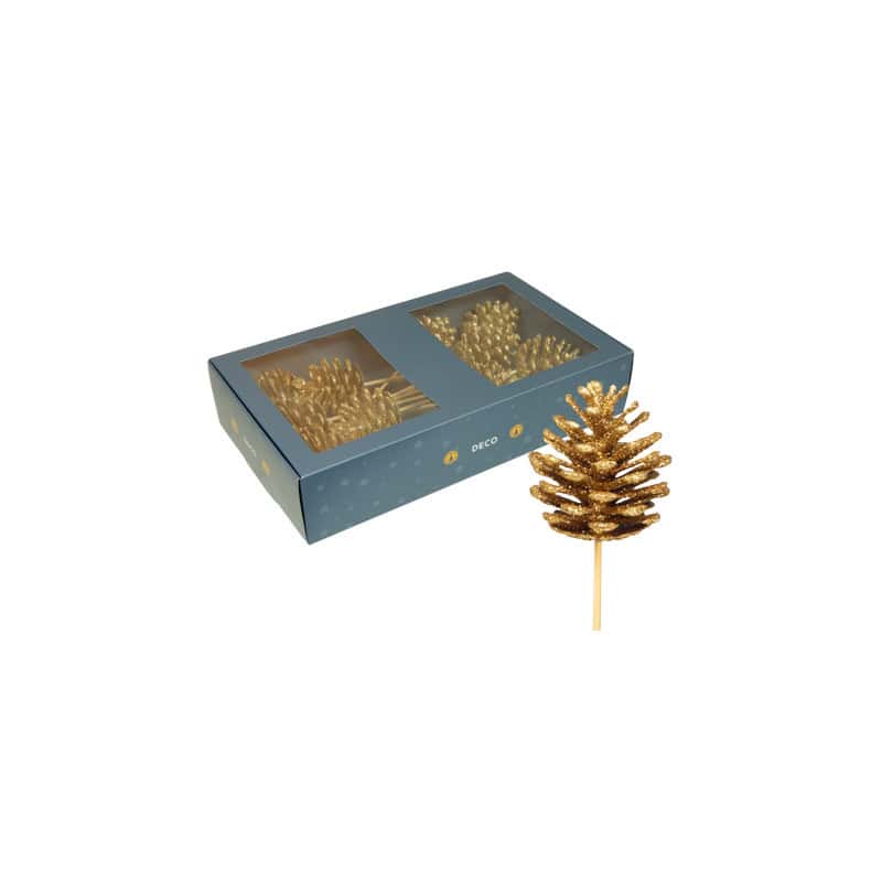 Boite de 12 pommes de pin sur pics décoration noël grossiste Boite de 12 pommes de pin sur pics décoration noël grossiste