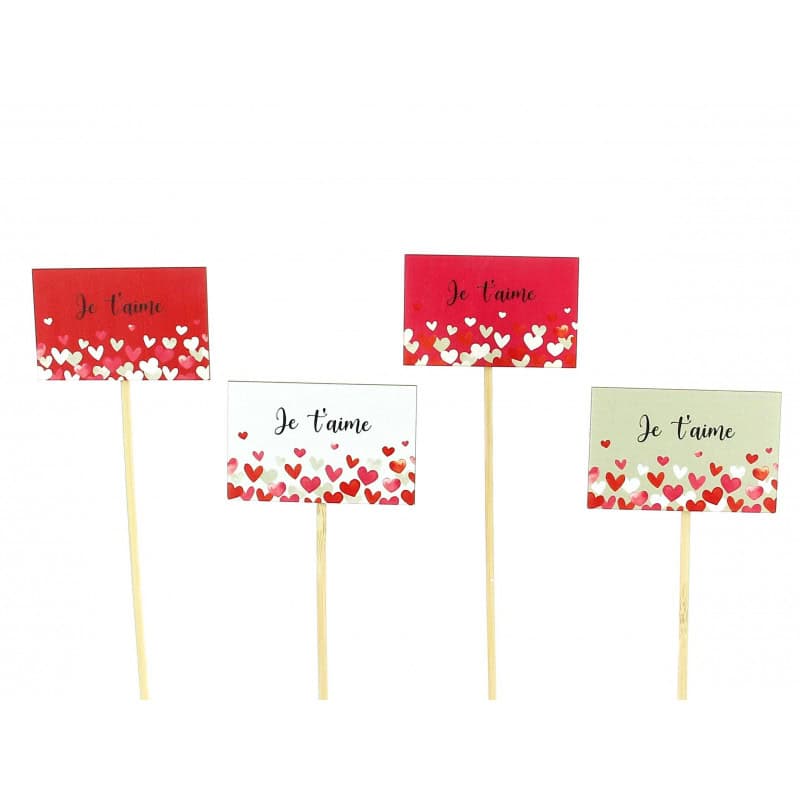 Paquet de 12 piques "je t'aime" (assortiment 4 couleurs) - Loveur - Fournitures fleuristes Paquet de 12 piques "je t'aime" (assortiment 4 couleurs) - Loveur - Fournitures fleuristes