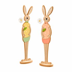 Paquet de 2 lapins en bois 2 tailles (assortiment 2 couleurs) - Abby - Grossiste décoration