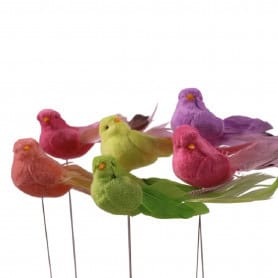 Boite de 12 pics oiseaux 11.5cm (assortiment de couleurs) - Velours - Grossiste accessoire de composition