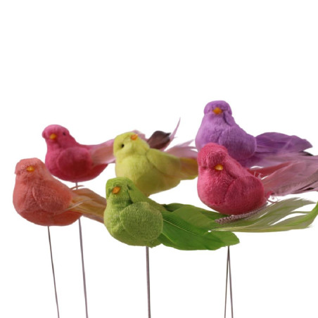Boite de 12 pics oiseaux 11.5cm (assortiment de couleurs) - Velours - Grossiste accessoire de composition