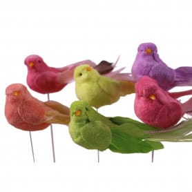 Boite de 12 pics oiseaux 11.5cm (assortiment de couleurs) - Velours - Grossiste accessoire de composition