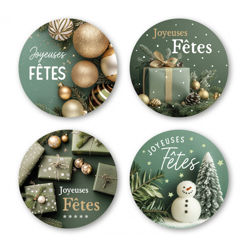 Etiquette ronde autocollante "joyeuses fêtes" - Fournisseur emballage Noël