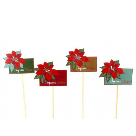Sachet de 12 pics en bois H. 26cm "joyeuses fêtes" - Poinsettia - grossiste fleuriste