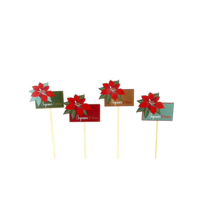 Sachet de 12 pics en bois H. 26cm "joyeuses fêtes" - Poinsettia - grossiste fleuriste Sachet de 12 pics en bois H. 26cm "joyeuses fêtes" - Poinsettia - grossiste fleuriste