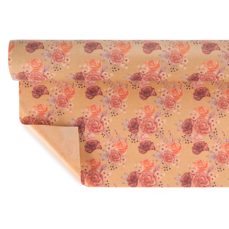 Rouleau de kraft recyclé modèle brun fleuri - Grossiste emballage