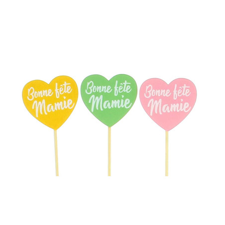 Sachet de 12 pics en bois coeur - Bonne fête mamie - grossiste décoration
