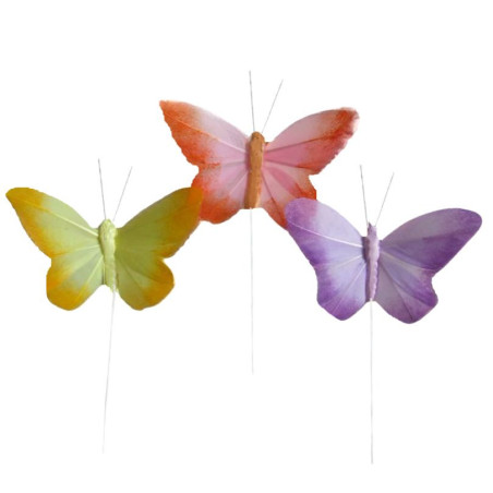 Paquet de 12 papillons sur pics H. 9cm - Grossiste accessoire fleuriste - Materiel décoratif - Pic papillon