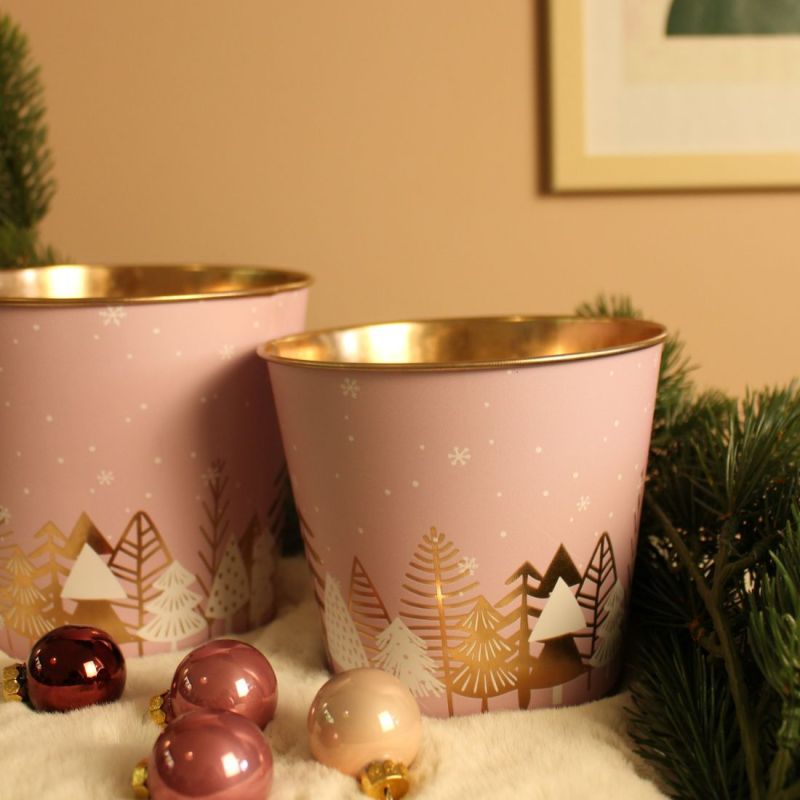 Cache-pot en zinc imprimé 3 tailles - Forêt de Noël