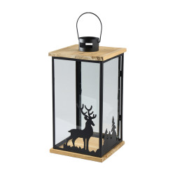 Lanterne en métal et bois cerf - Sleigh - Grossiste en décoration de noel pour professionnels