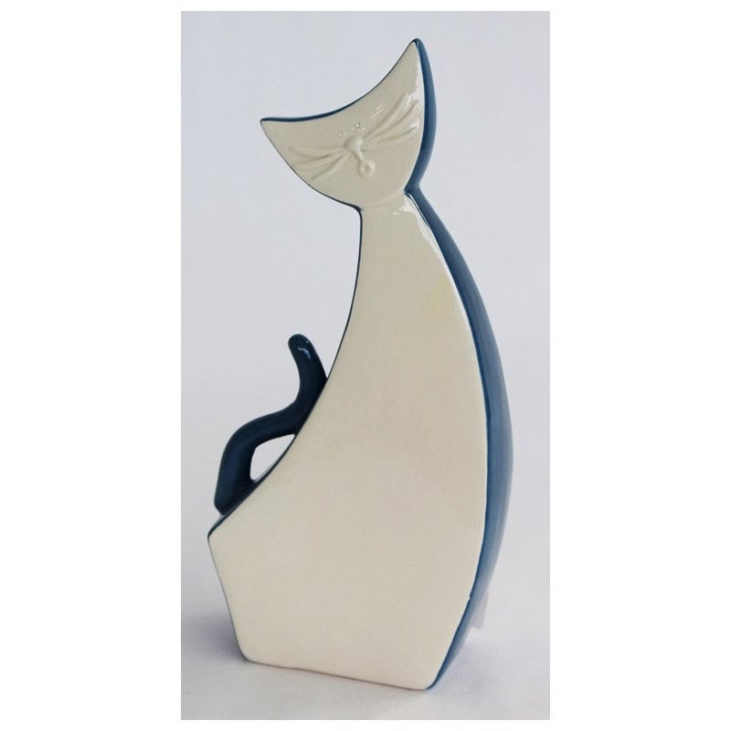 Chat assis design céramique bleu et blanc L. 12,5 x l. 6 x H. 26,5 cm Chat assis design céramique bleu et blanc L. 12,5 x l. 6 x H. 26,5 cm